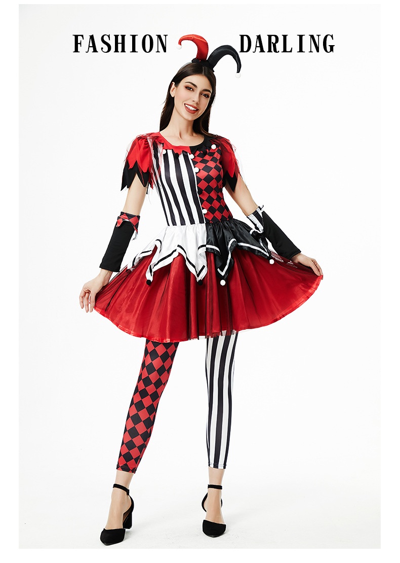 Adult Halloween Outfit Harlequin Jester Costume Red and Black Striped Dress